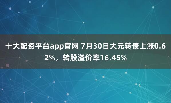 十大配资平台app官网 7月30日大元转债上涨0.62%，转股溢价率16.45%